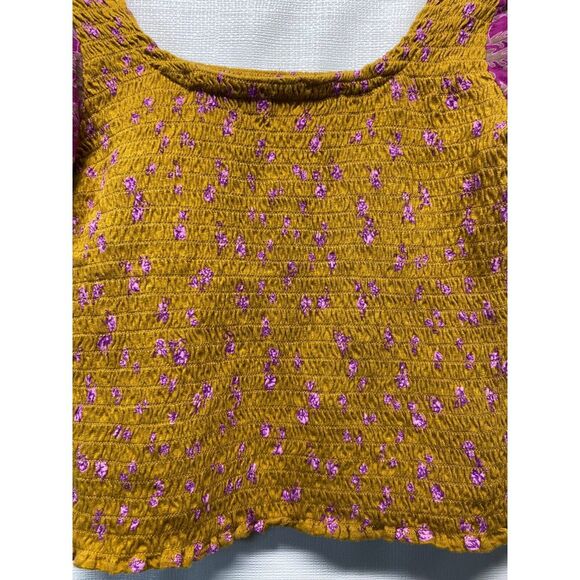 Free People Smocked Crop Top Sz S Ditsy Floral Boho Mustard Yellow Magenta - Picture 6 of 7